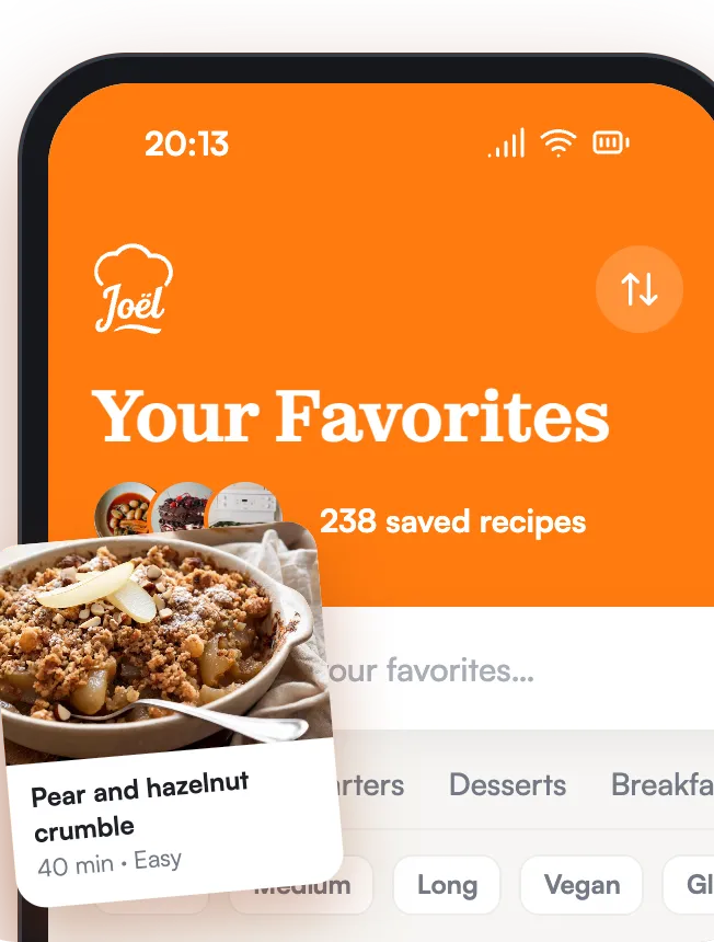The Favorites screen in the Joël app: 238 saved recipes, filters by dish and diet, each recipe with its photo.