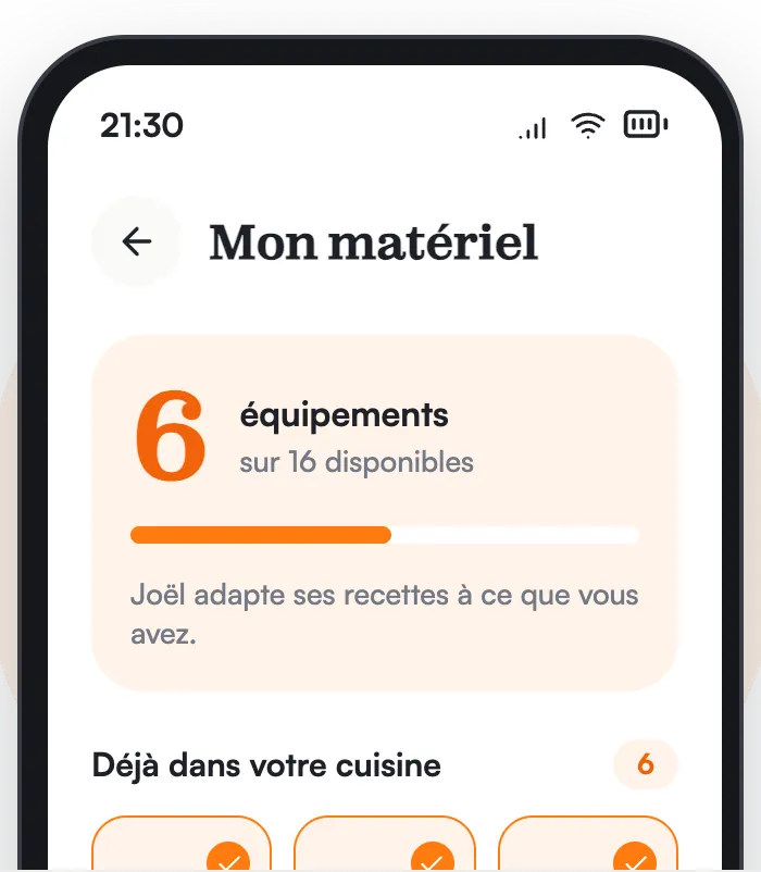 Les écrans Mon matériel (six équipements sur seize) et Préférences alimentaires (régime, portions, allergies) de l'app Joël.