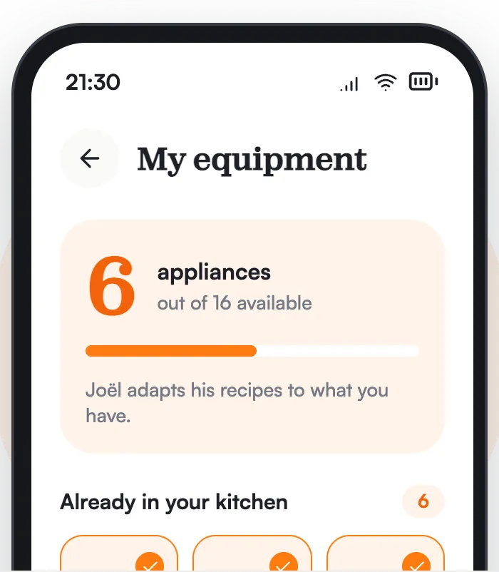 The My equipment screen (six appliances out of sixteen) and the Food preferences screen (diet, servings, allergies) in the Joël app.