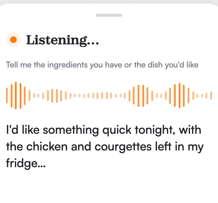 Voice input in the app: “Listening…”, the voice waveform, and the message being typed.