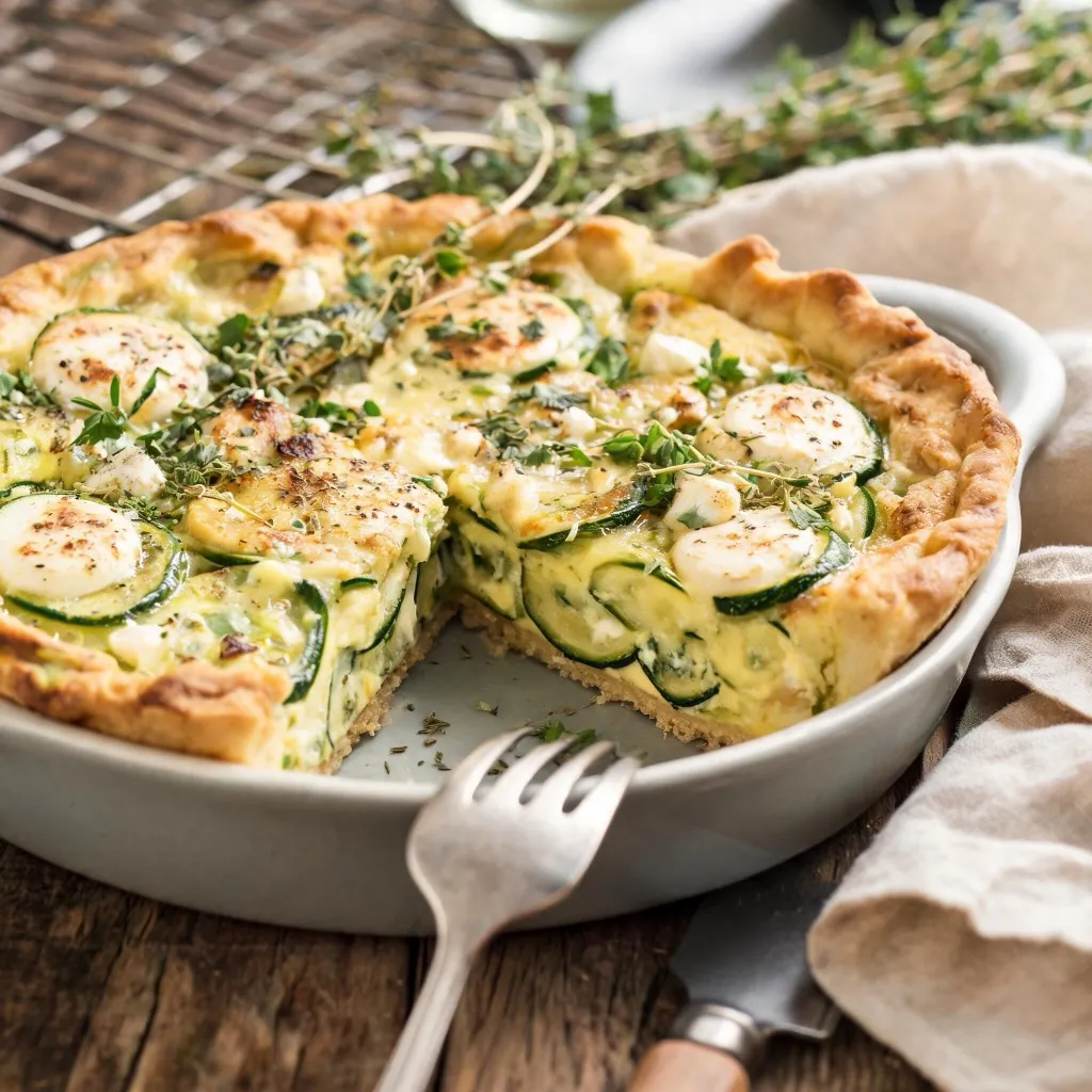 La photo créée par Joël : une quiche courgette, chèvre et herbes.