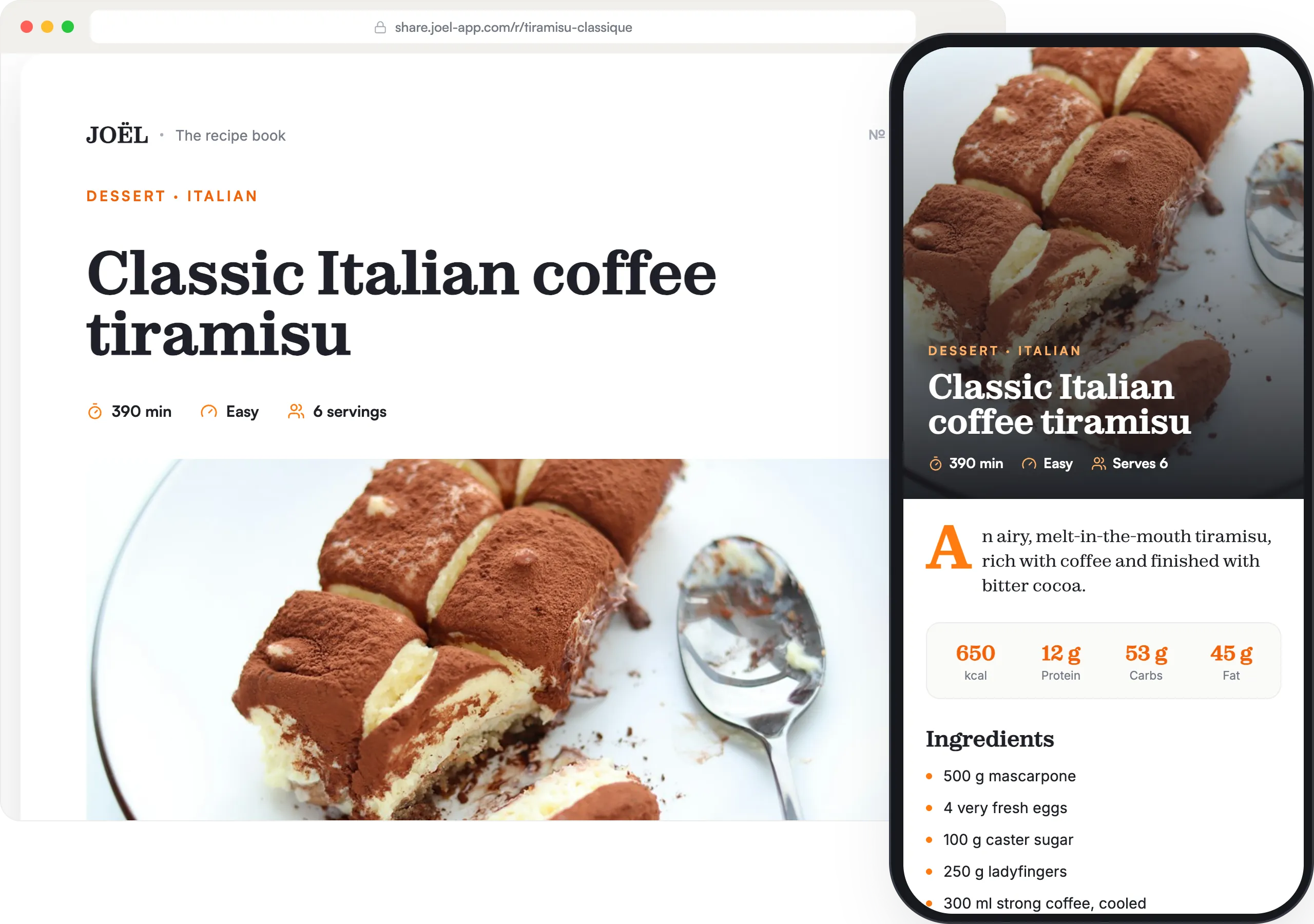 A shared recipe, classic Italian coffee tiramisu, open in a browser on a computer and on a phone: photo, ingredients, nutrition facts and steps.